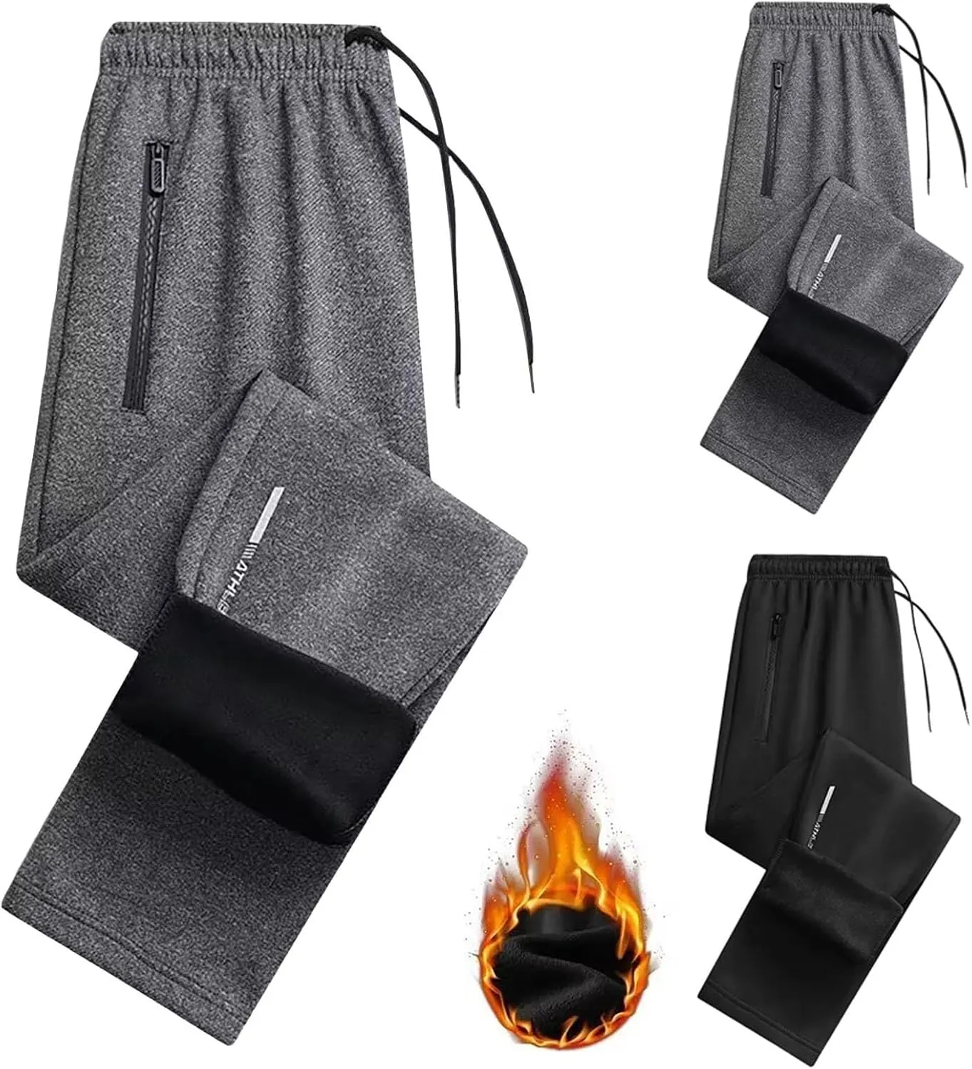 2 Pack Fleece Lined Sweatpants for Men - ZHIFANXN Joggers with Pockets High Waisted Thermal Winter Warm Pants for Snow