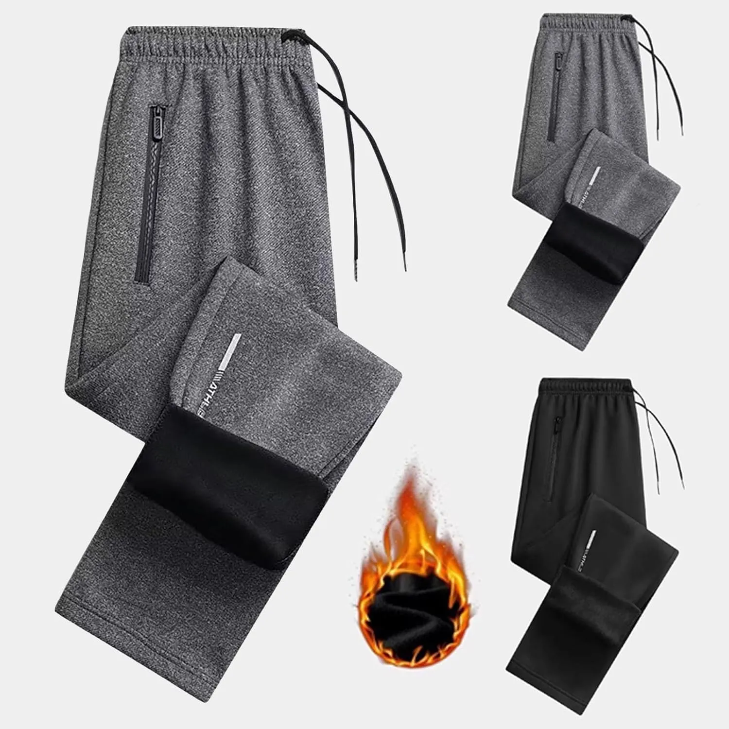 2 Pack Fleece Lined Sweatpants for Men - ZHIFANXN Joggers with Pockets High Waisted Thermal Winter Warm Pants for Snow