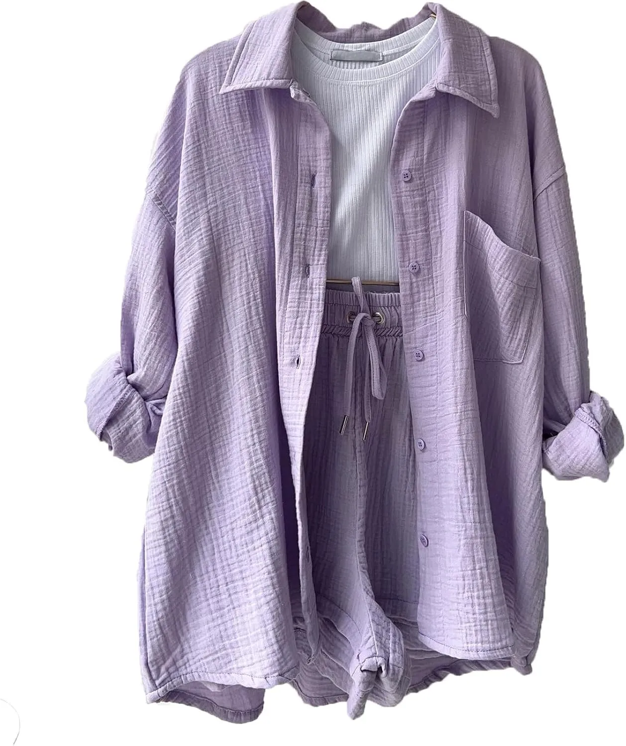 2 Piece Outfits For Women Lounge Sets Summer Long Sleeve Button Down Shirts and Shorts Set Loungewear with Pocket