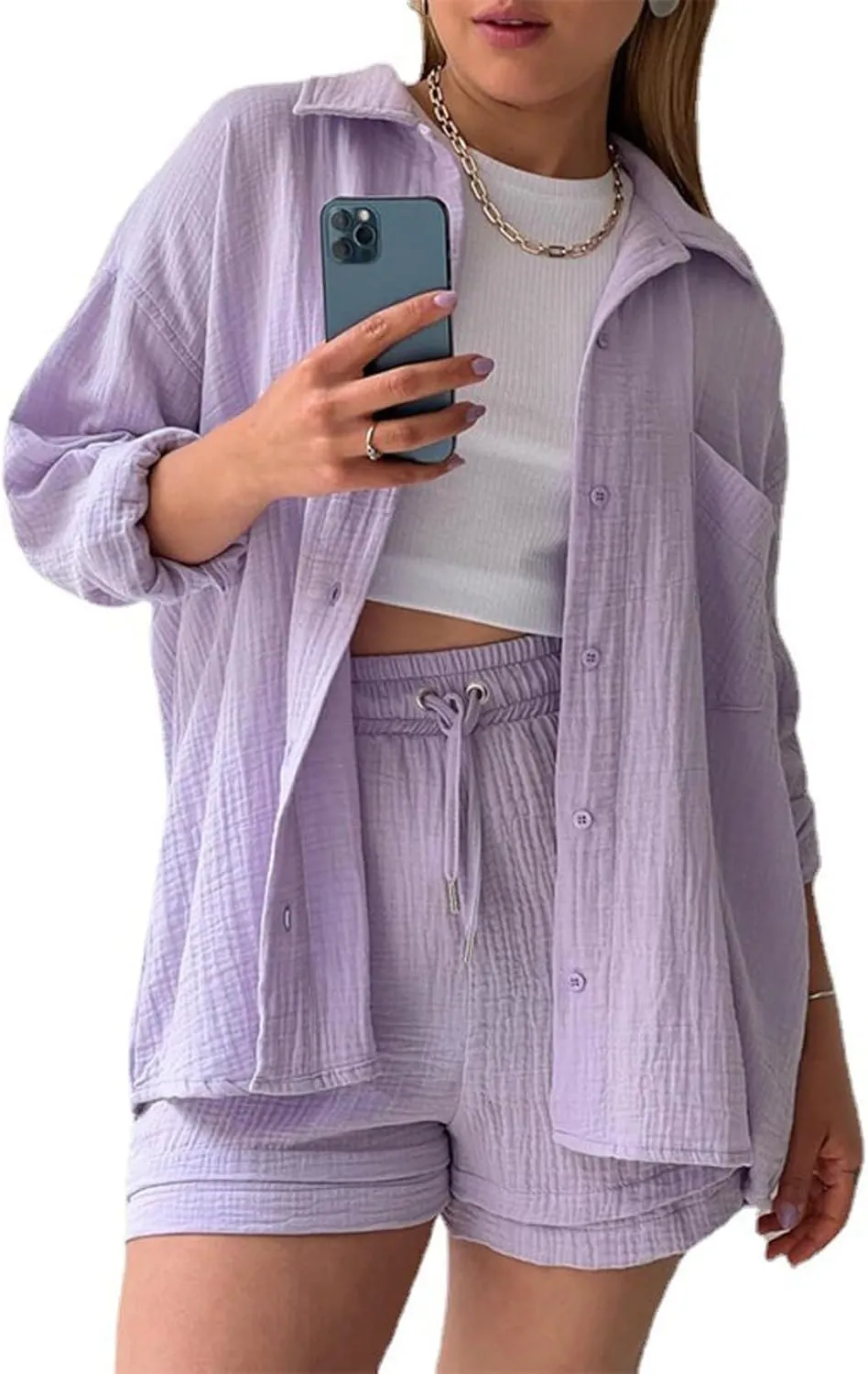 2 Piece Outfits For Women Lounge Sets Summer Long Sleeve Button Down Shirts and Shorts Set Loungewear with Pocket
