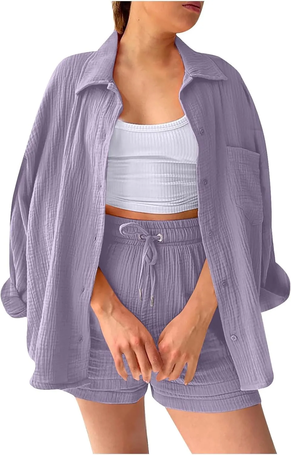 2 Piece Outfits For Women Lounge Sets Summer Long Sleeve Button Down Shirts and Shorts Set Loungewear with Pocket