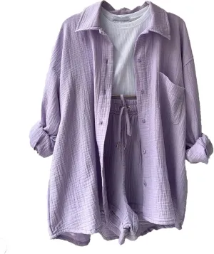 2 Piece Outfits For Women Lounge Sets Summer Long Sleeve Button Down Shirts and Shorts Set Loungewear with Pocket