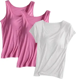 3 Pack Women Modal Built in Bra Tops Summer Soft Comfy Tank Top/Short Sleeve Scoop Neck Yoga Workout Undershirts