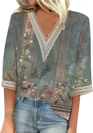 3/4 Length Sleeve Womens Tops 2025 Lace V Neck Shirt Flowers Print Tunic Tops Trendy Floral Blouses T Shirts;Womens Fashion