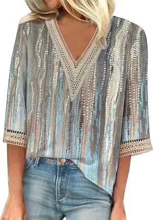 3/4 Length Sleeve Womens Tops 2025 Lace V Neck Shirt Flowers Print Tunic Tops Trendy Floral Blouses T Shirts;Womens Fashion