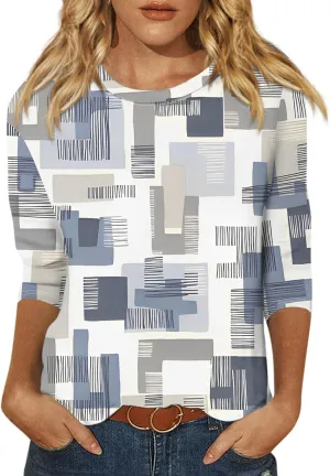 3/4 Length Sleeve Womens Tops Round Neck Loose Cute Spring Summer Tee Shirts Dressy Casual Print Blouses Tunic