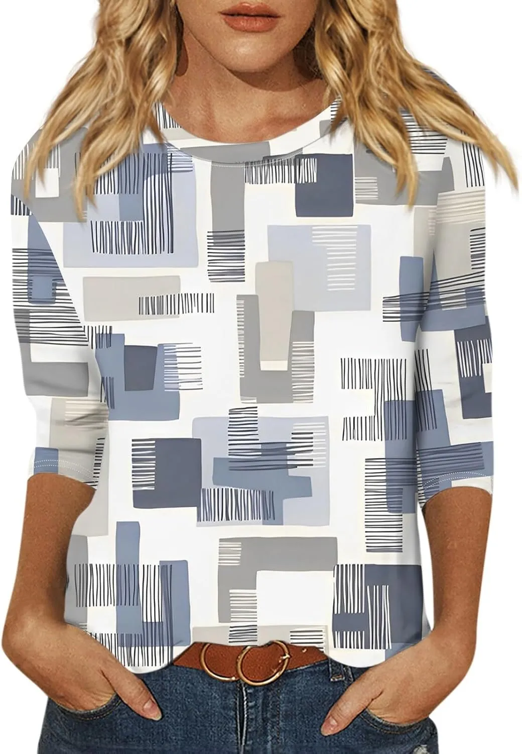 3/4 Length Sleeve Womens Tops Round Neck Loose Cute Spring Summer Tee Shirts Dressy Casual Print Blouses Tunic