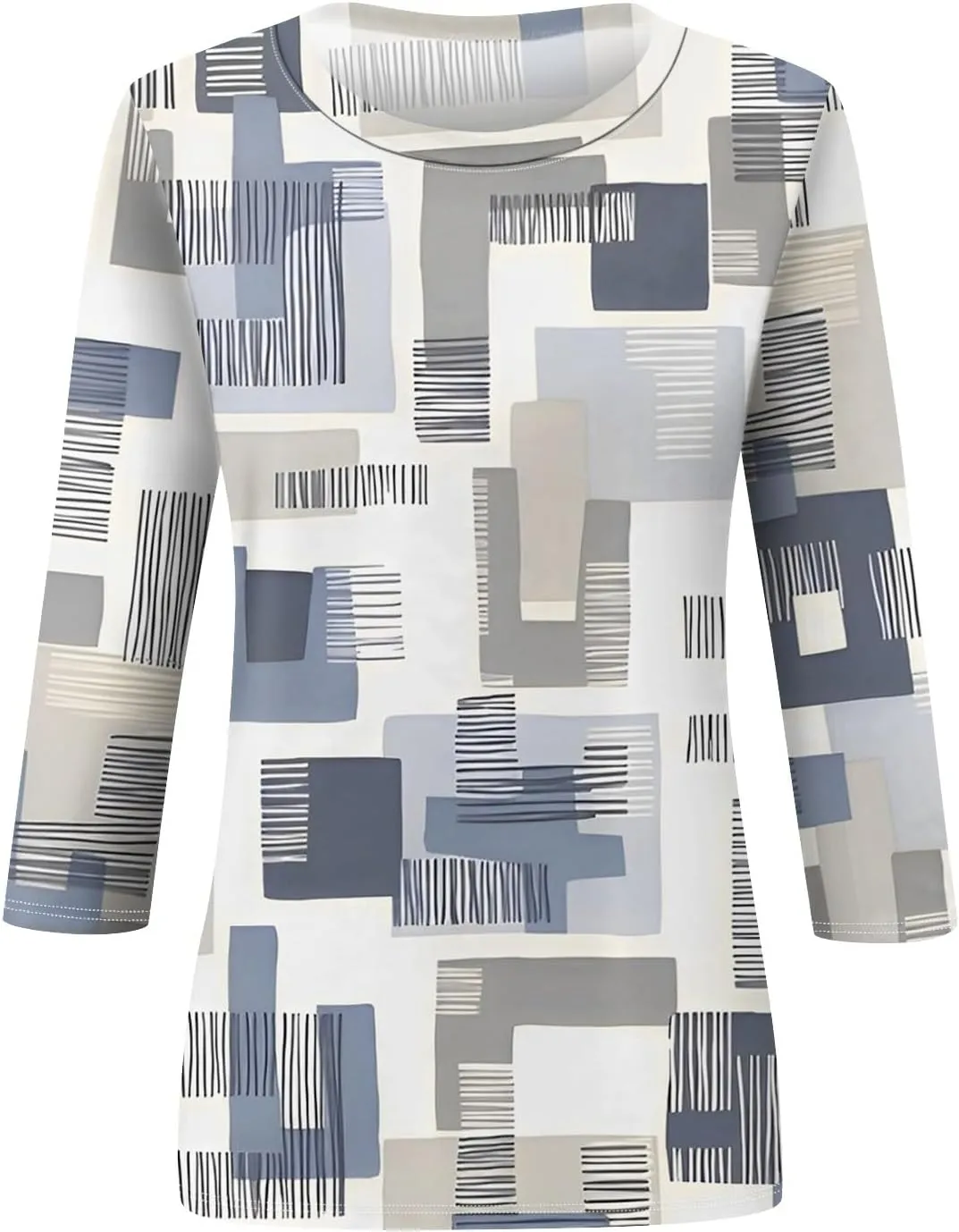 3/4 Length Sleeve Womens Tops Round Neck Loose Cute Spring Summer Tee Shirts Dressy Casual Print Blouses Tunic