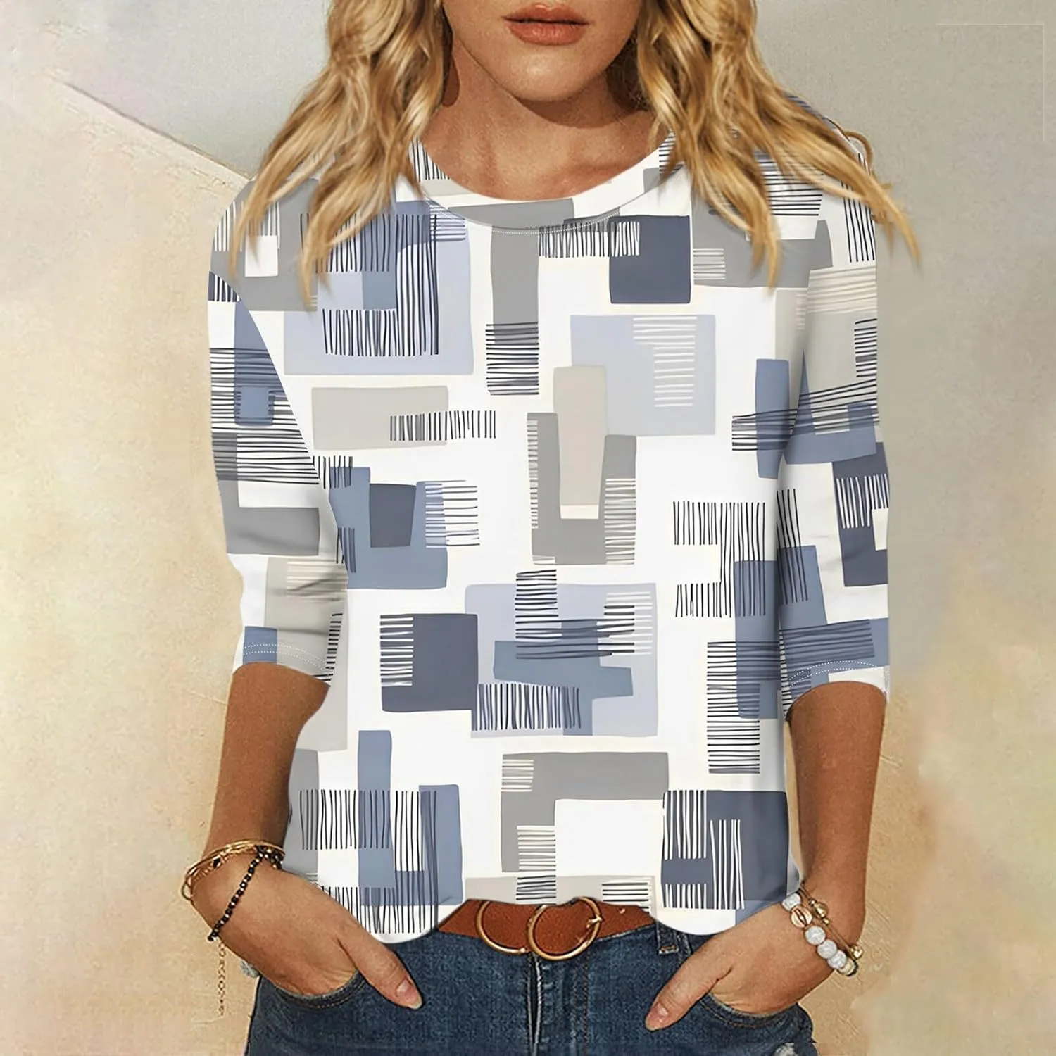 3/4 Length Sleeve Womens Tops Round Neck Loose Cute Spring Summer Tee Shirts Dressy Casual Print Blouses Tunic