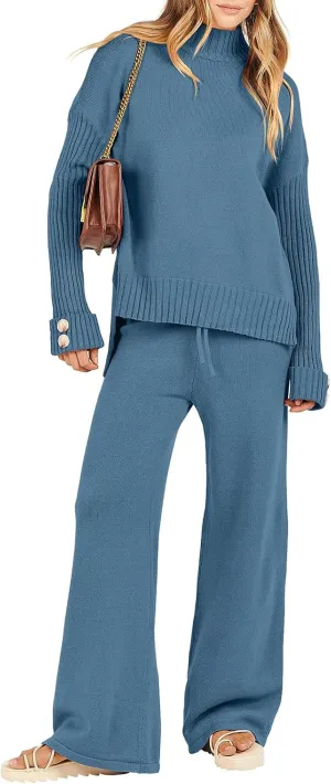 ANRABESS Women's 2 Piece Outfit Sweater Lounge Sets Long Sleeve Knit Pullover Wide Leg Pant Tracksuit Loungewear 2024 Fashion