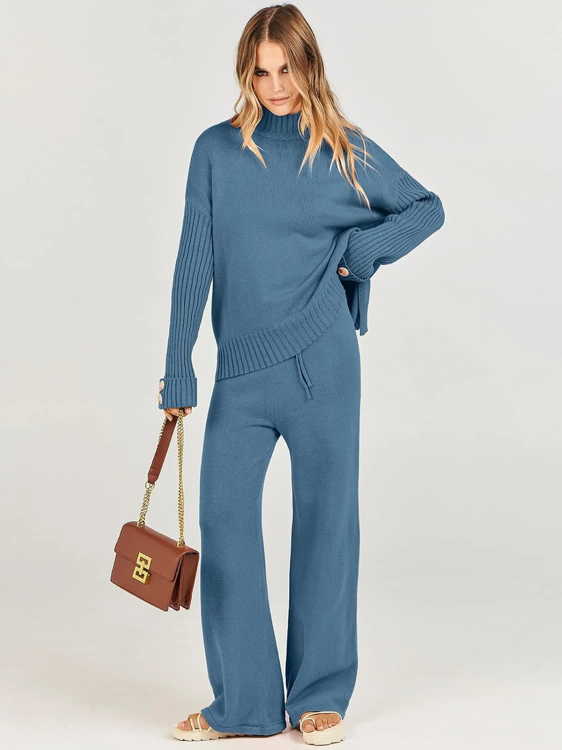 ANRABESS Women's 2 Piece Outfit Sweater Lounge Sets Long Sleeve Knit Pullover Wide Leg Pant Tracksuit Loungewear 2024 Fashion