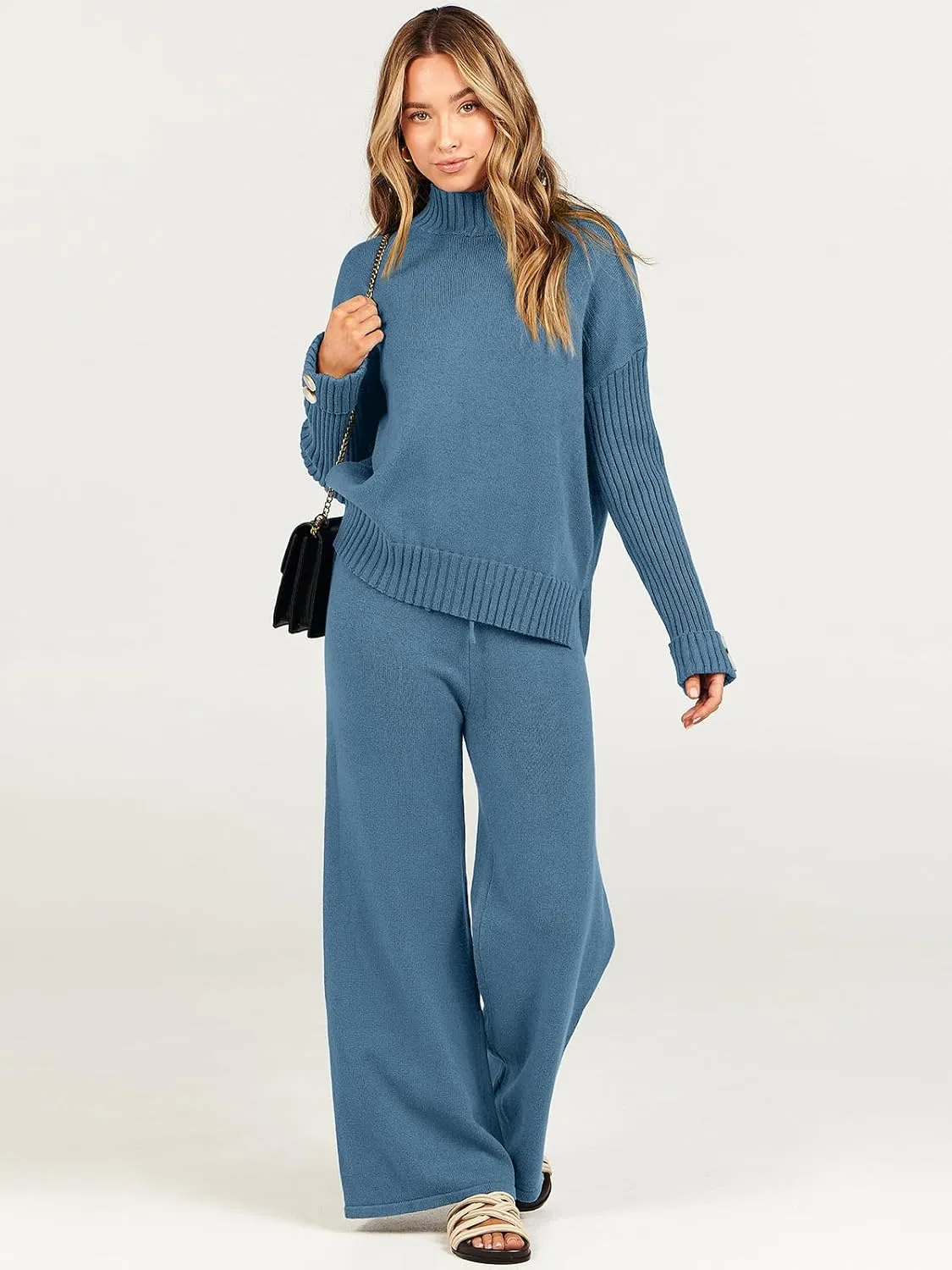 ANRABESS Women's 2 Piece Outfit Sweater Lounge Sets Long Sleeve Knit Pullover Wide Leg Pant Tracksuit Loungewear 2024 Fashion