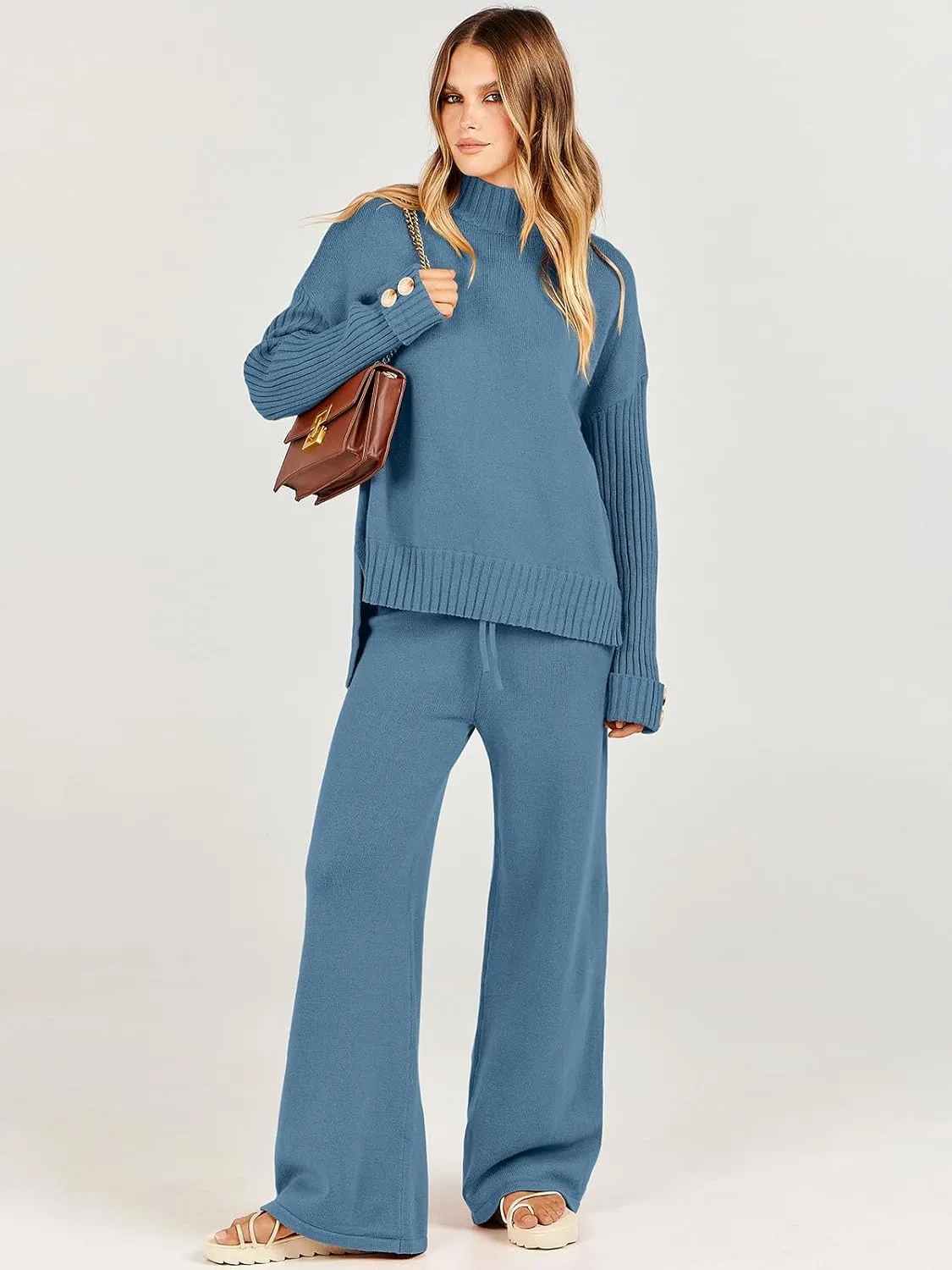ANRABESS Women's 2 Piece Outfit Sweater Lounge Sets Long Sleeve Knit Pullover Wide Leg Pant Tracksuit Loungewear 2024 Fashion