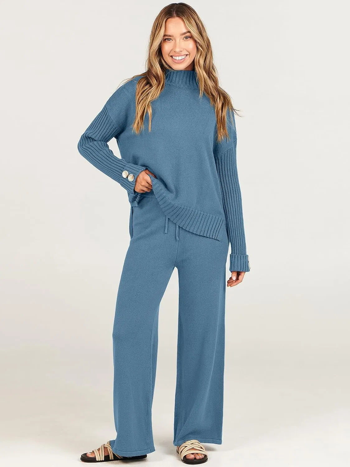 ANRABESS Women's 2 Piece Outfit Sweater Lounge Sets Long Sleeve Knit Pullover Wide Leg Pant Tracksuit Loungewear 2024 Fashion