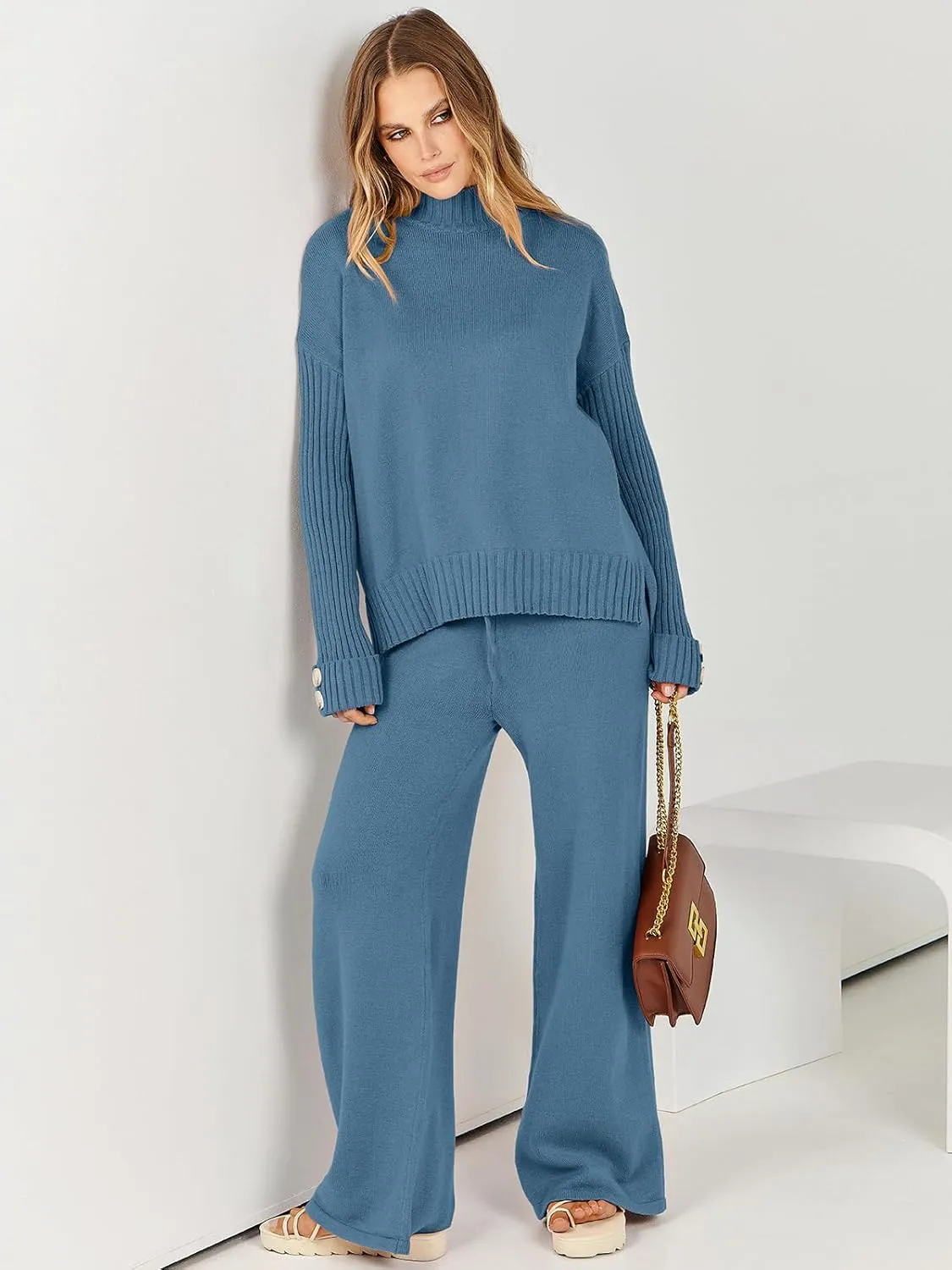 ANRABESS Women's 2 Piece Outfit Sweater Lounge Sets Long Sleeve Knit Pullover Wide Leg Pant Tracksuit Loungewear 2024 Fashion