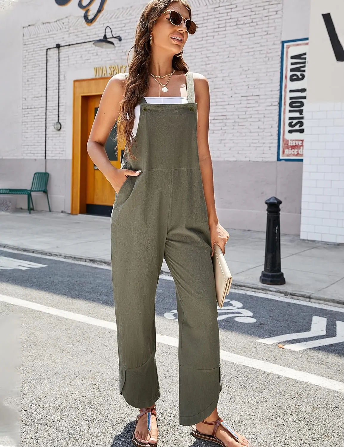 APAFES Women Summer Sleeveless Cotton Linen Bib Overalls Tulip Baggy Capri Jumpsuits with Pockets