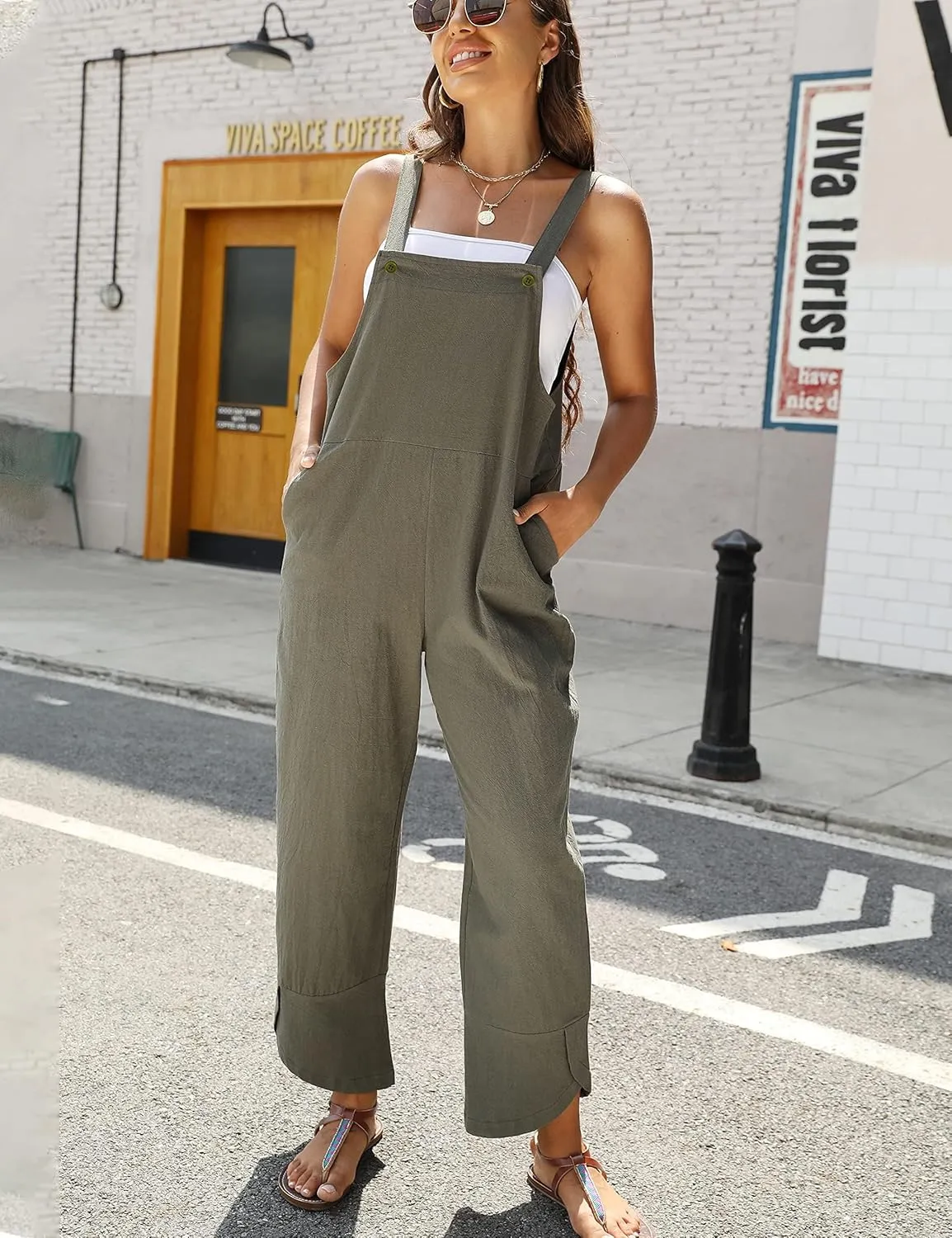 APAFES Women Summer Sleeveless Cotton Linen Bib Overalls Tulip Baggy Capri Jumpsuits with Pockets