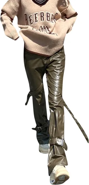 Argeousgor Women Y2K Lace Up PU Leather Pants High Waist Hollow Out Drawstring Bandage Trousers Cut Out Pants Streetwear