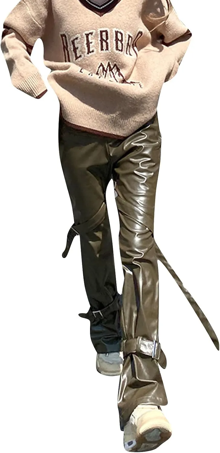Argeousgor Women Y2K Lace Up PU Leather Pants High Waist Hollow Out Drawstring Bandage Trousers Cut Out Pants Streetwear