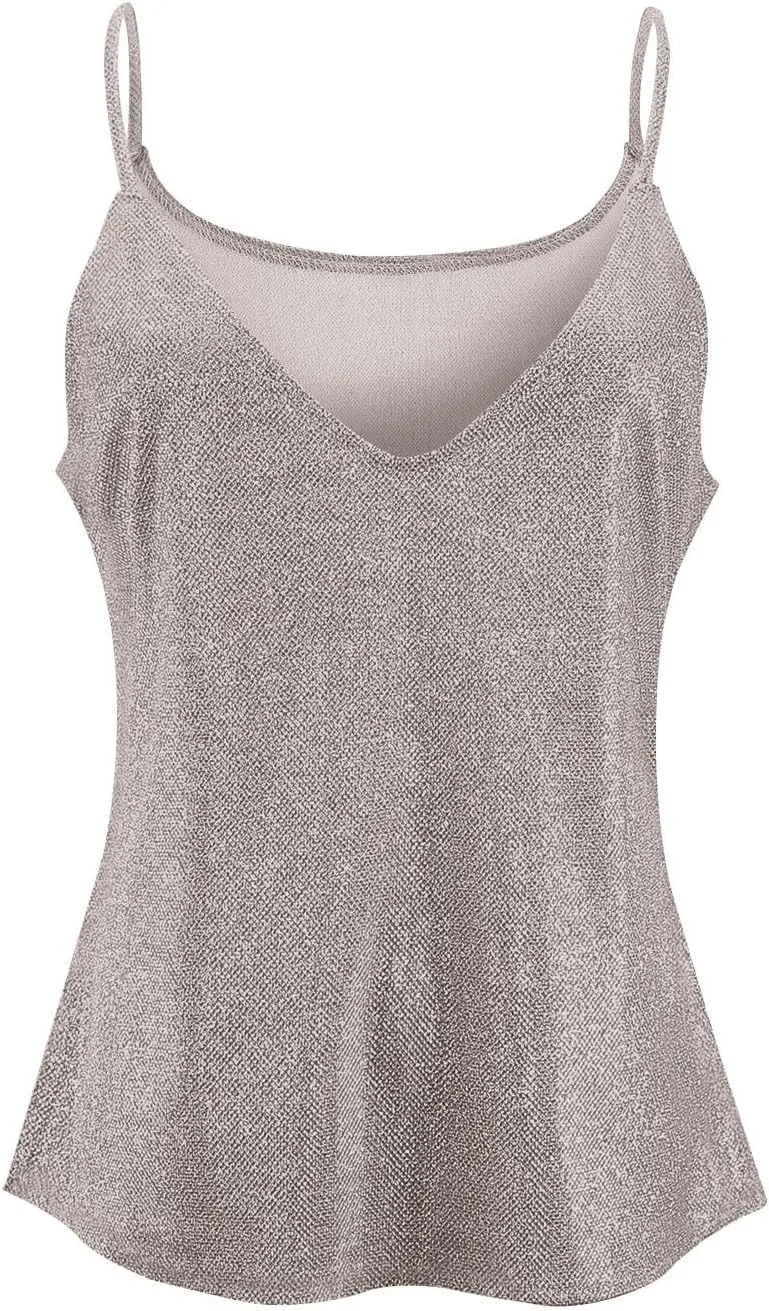 Azeralia Womens Tank Tops Casual Fashion V Neck Strappy Sequin Sparkle Shimmer Camisole Sexy Sleeveless Tanks Tops