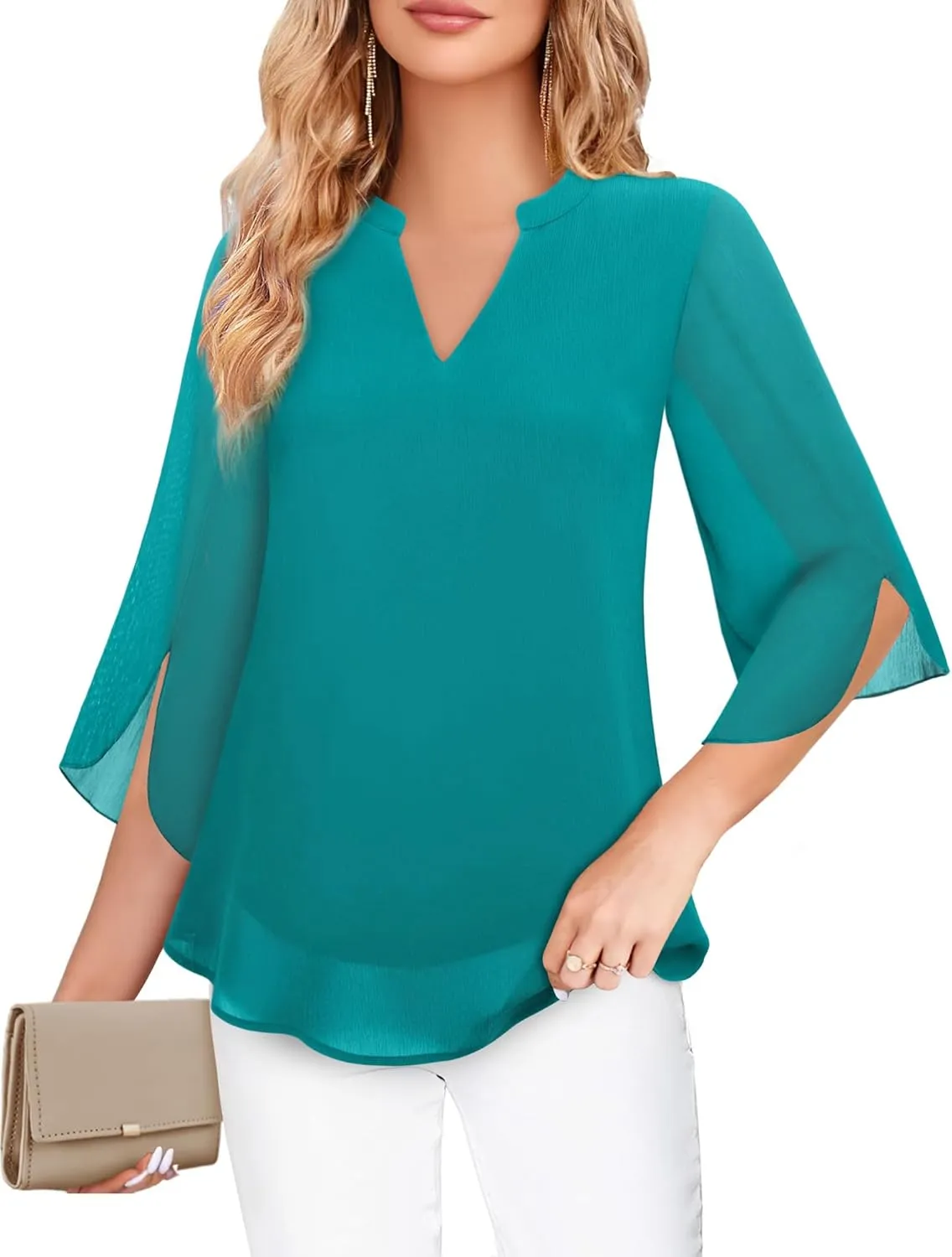 Bebonnie Womens Tops Dressy Casual Ruffle 3/4 Sleeve V Neck Double Layers Chiffon Blouses Tops