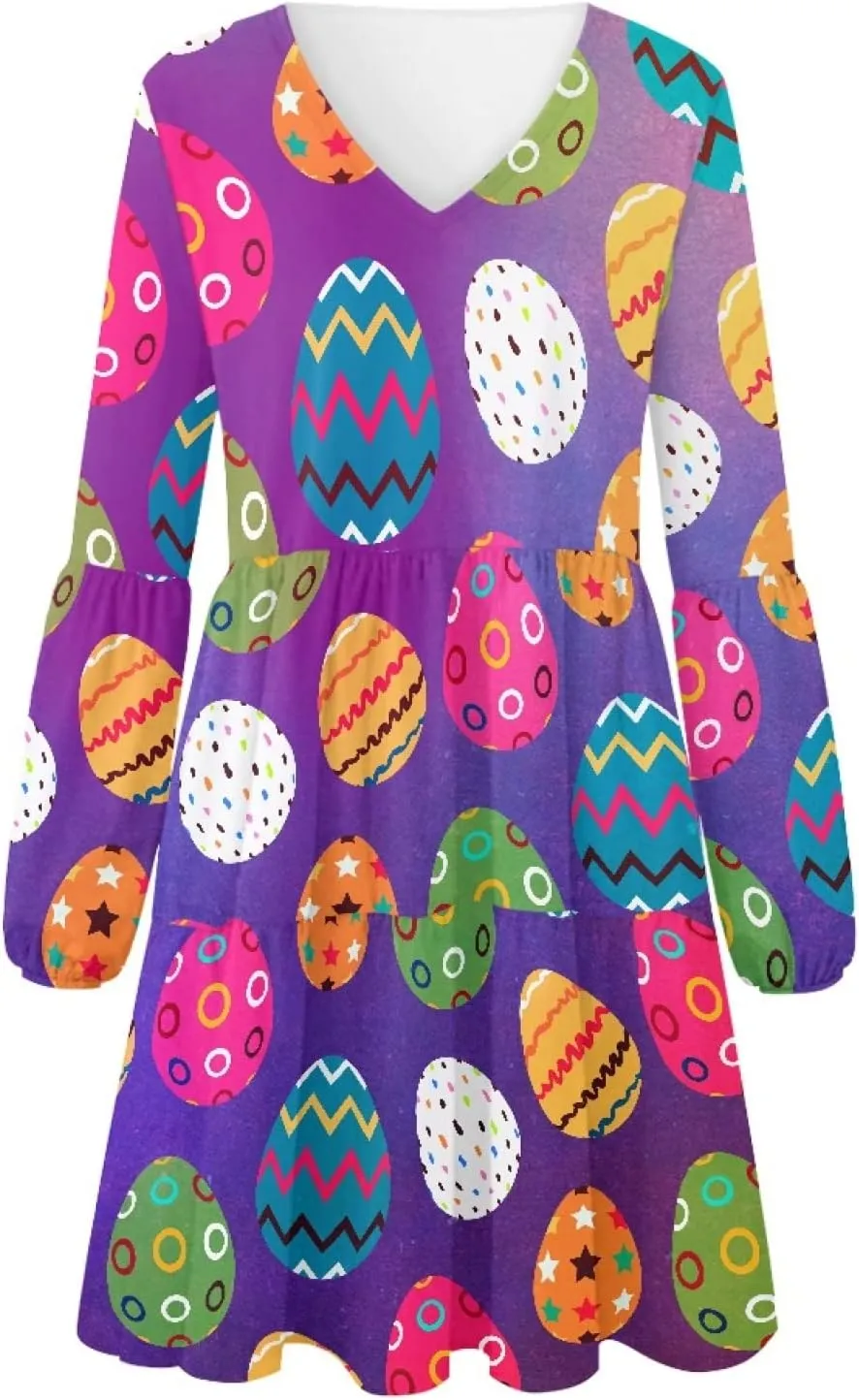 Bengbobar 2024 Easter Dress for Women Long Sleeve Easter Eggs Shift Dresses Spring Bunny Casual Elegant V Neck Vintage Dress