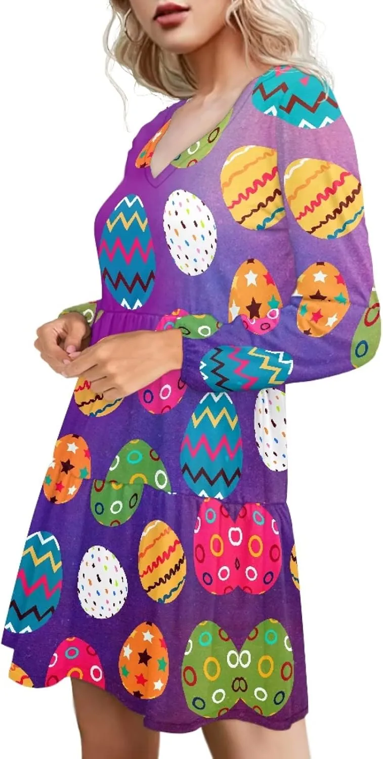 Bengbobar 2024 Easter Dress for Women Long Sleeve Easter Eggs Shift Dresses Spring Bunny Casual Elegant V Neck Vintage Dress