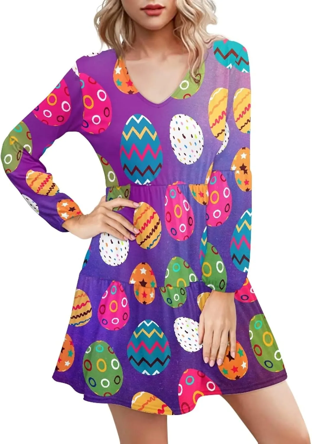 Bengbobar 2024 Easter Dress for Women Long Sleeve Easter Eggs Shift Dresses Spring Bunny Casual Elegant V Neck Vintage Dress