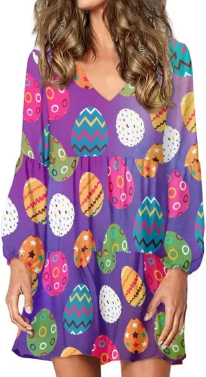 Bengbobar 2024 Easter Dress for Women Long Sleeve Easter Eggs Shift Dresses Spring Bunny Casual Elegant V Neck Vintage Dress