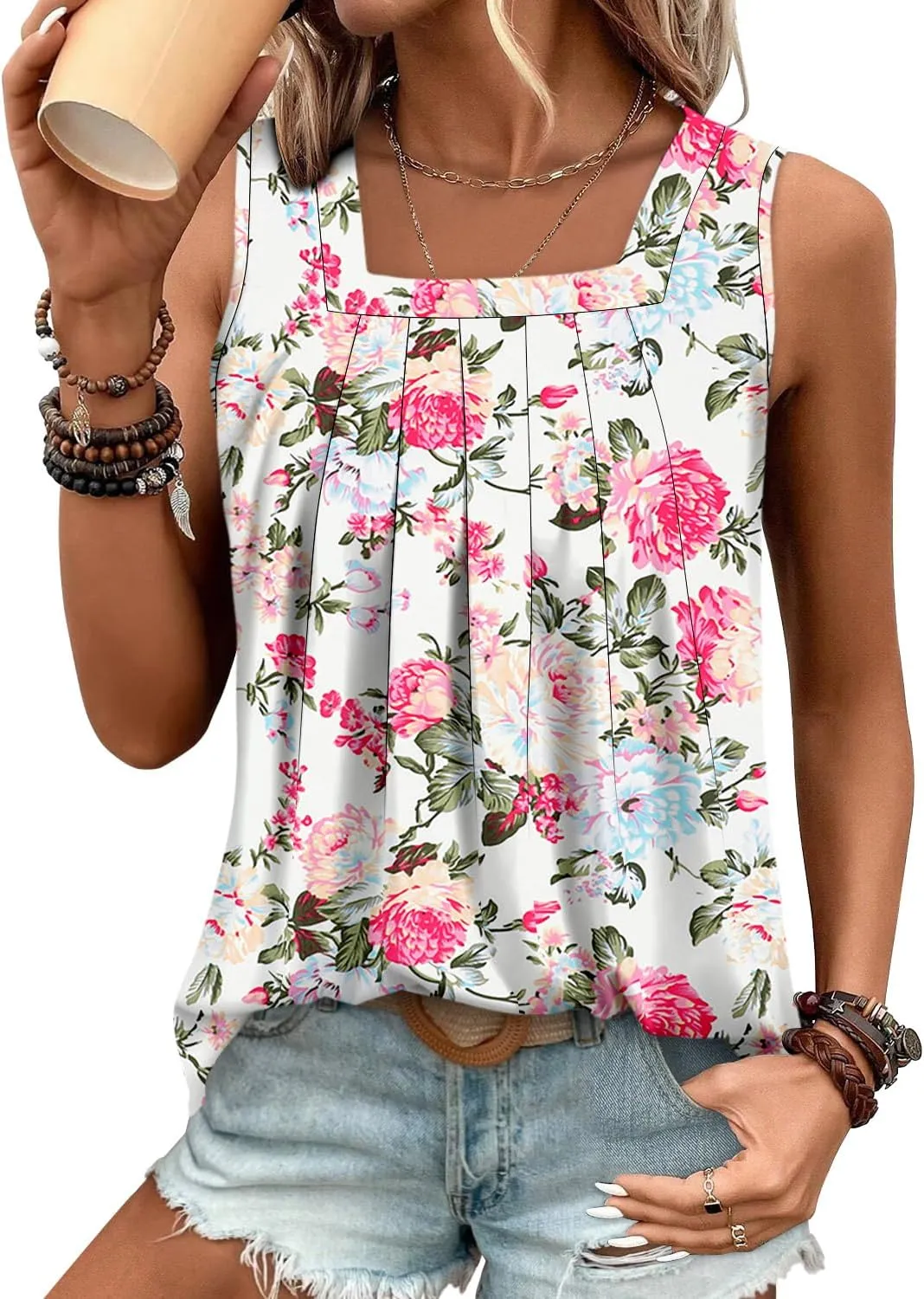 BETTE BOUTIK Womens Tank Tops Pleated Sleeveless Blouse Short Sleeve Tops Basic Shirts S-3XL