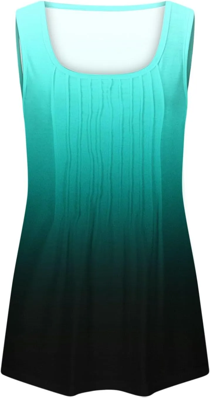 Binmer Women Plus Size Tank Tops Summer Casual Pleated Crew Neck Sleeveless T Shirts Loose Fit Beach Vest Tees,Solid/Gradient