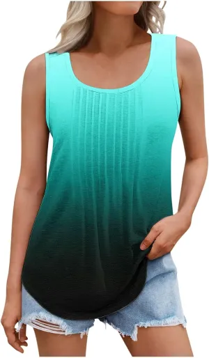 Binmer Women Plus Size Tank Tops Summer Casual Pleated Crew Neck Sleeveless T Shirts Loose Fit Beach Vest Tees,Solid/Gradient