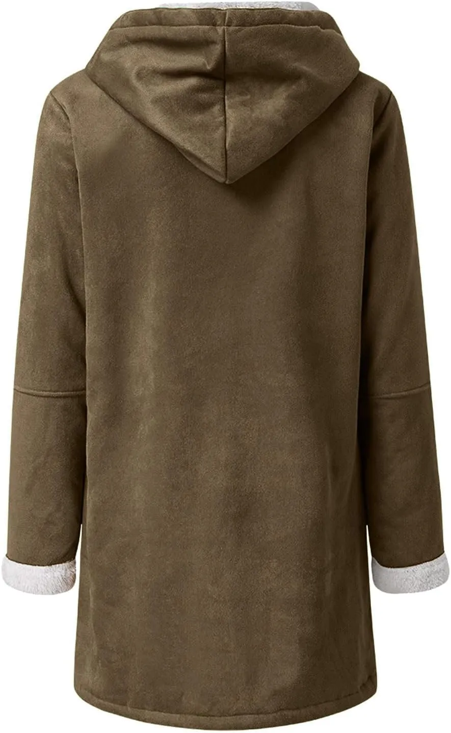 Binmer Women's Winter Warm Sherpa Lined Jackets Soft Fuzzy Fleece Long Hoodie Sweatshirt Horn Button Coats for Cold Weather