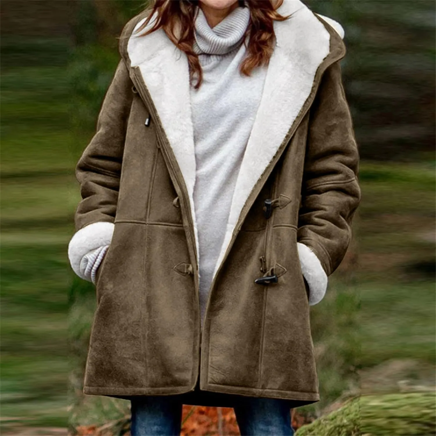 Binmer Women's Winter Warm Sherpa Lined Jackets Soft Fuzzy Fleece Long Hoodie Sweatshirt Horn Button Coats for Cold Weather