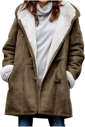 Binmer Women's Winter Warm Sherpa Lined Jackets Soft Fuzzy Fleece Long Hoodie Sweatshirt Horn Button Coats for Cold Weather