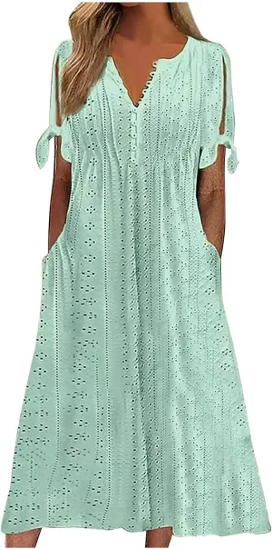 Boho Dress for Women 2025 V Neck Eyelet Tie Short Sleeve Dresses Casual Long Sundress Summer Hawaii Vacation Outfits