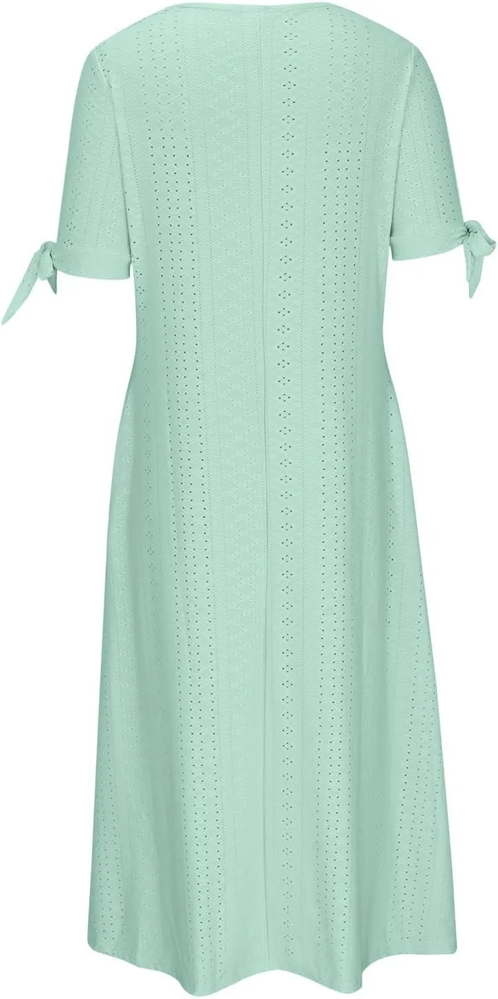 Boho Dress for Women 2025 V Neck Eyelet Tie Short Sleeve Dresses Casual Long Sundress Summer Hawaii Vacation Outfits