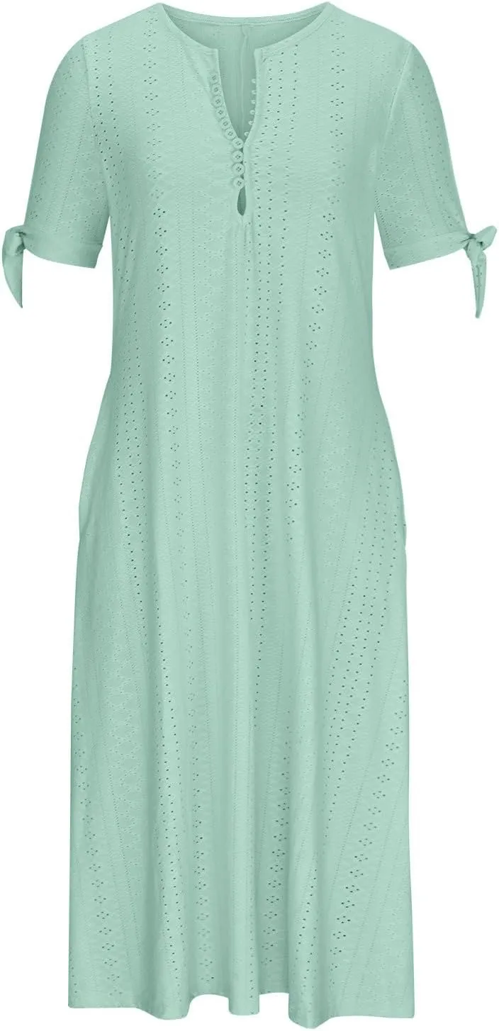 Boho Dress for Women 2025 V Neck Eyelet Tie Short Sleeve Dresses Casual Long Sundress Summer Hawaii Vacation Outfits
