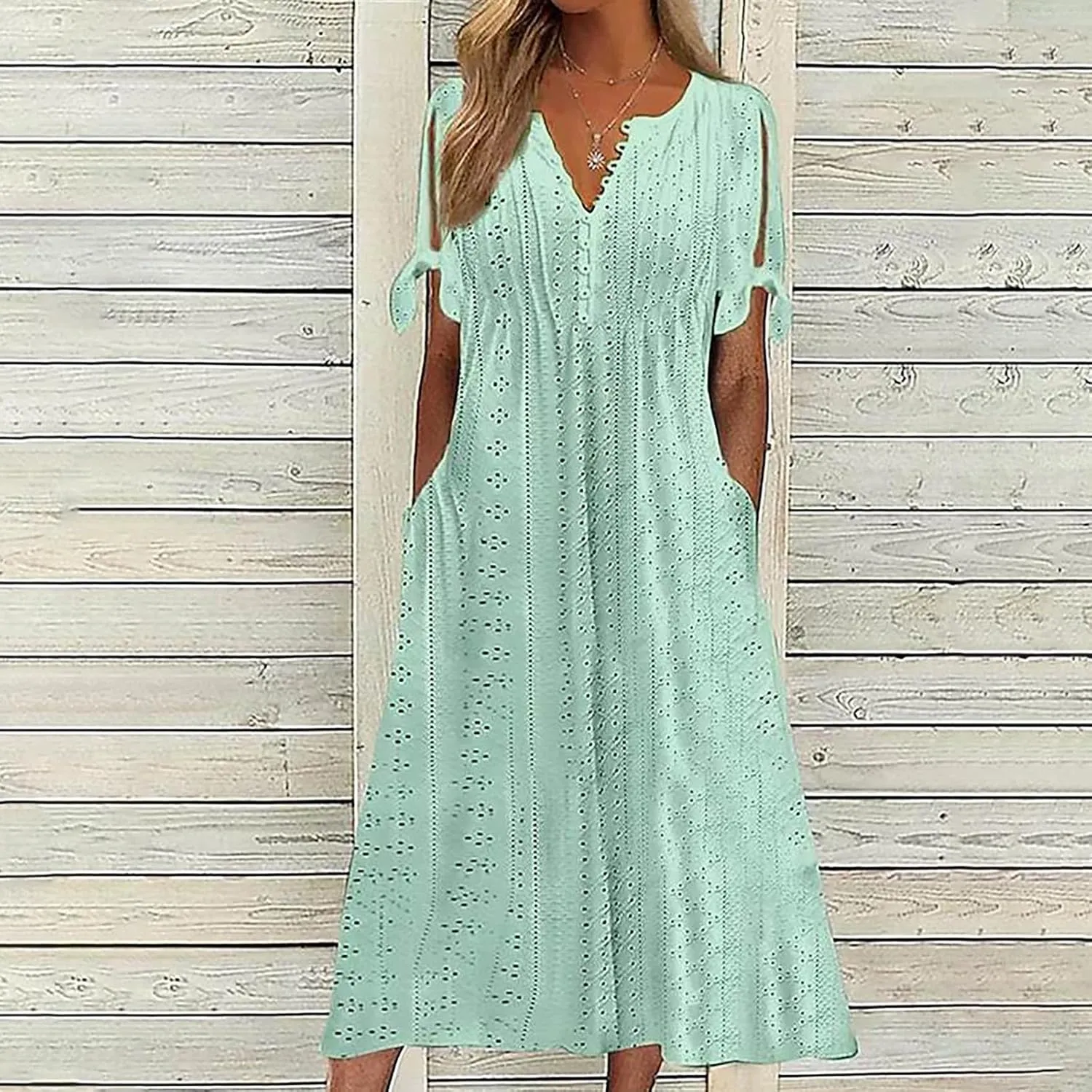 Boho Dress for Women 2025 V Neck Eyelet Tie Short Sleeve Dresses Casual Long Sundress Summer Hawaii Vacation Outfits