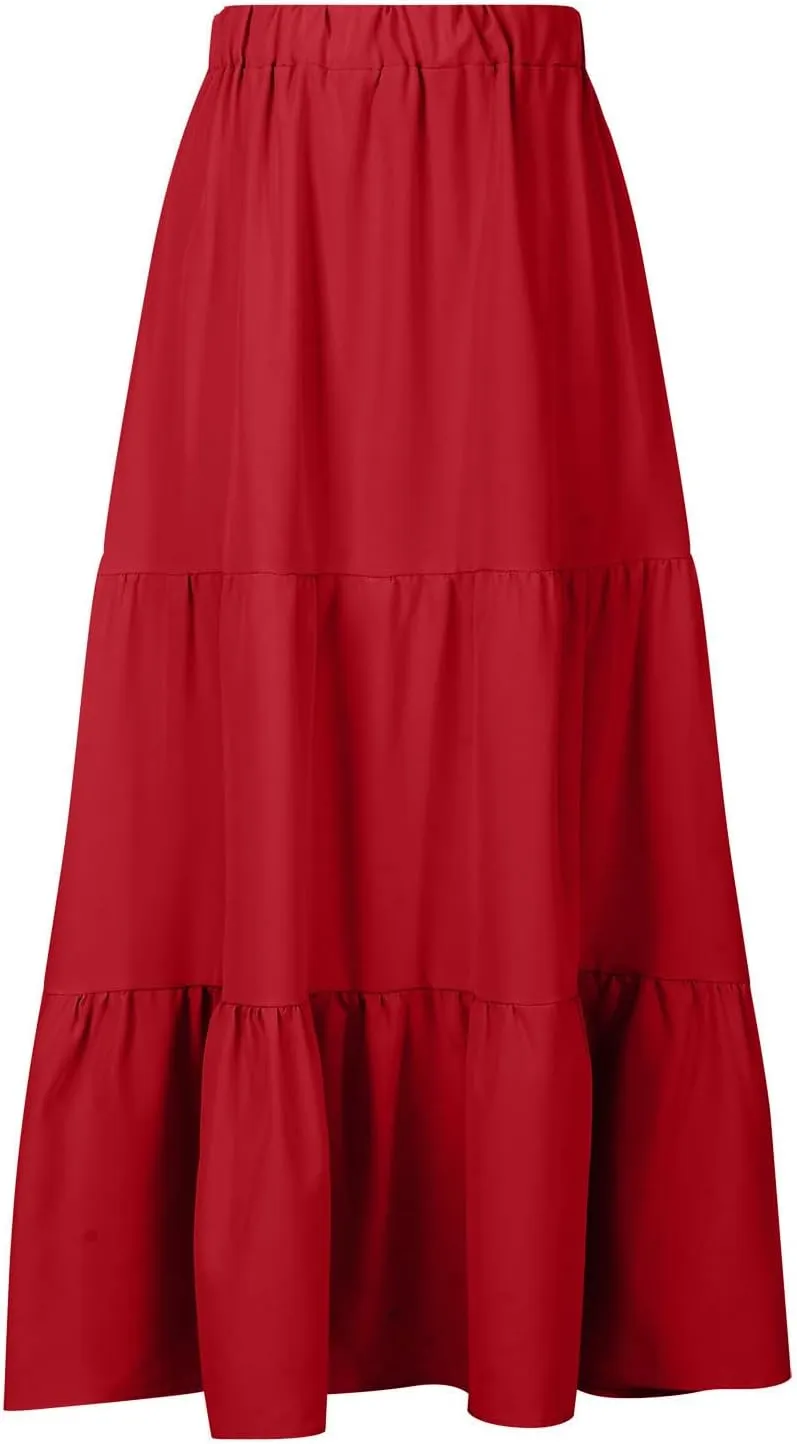 Boho Long Flaired Maxi Tier Skirt Elastic Waist Rayon Bohemian Skirts Fashion A-Line Midi Half Dress