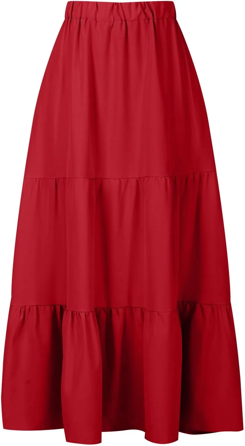 Boho Long Flaired Maxi Tier Skirt Elastic Waist Rayon Bohemian Skirts Fashion A-Line Midi Half Dress