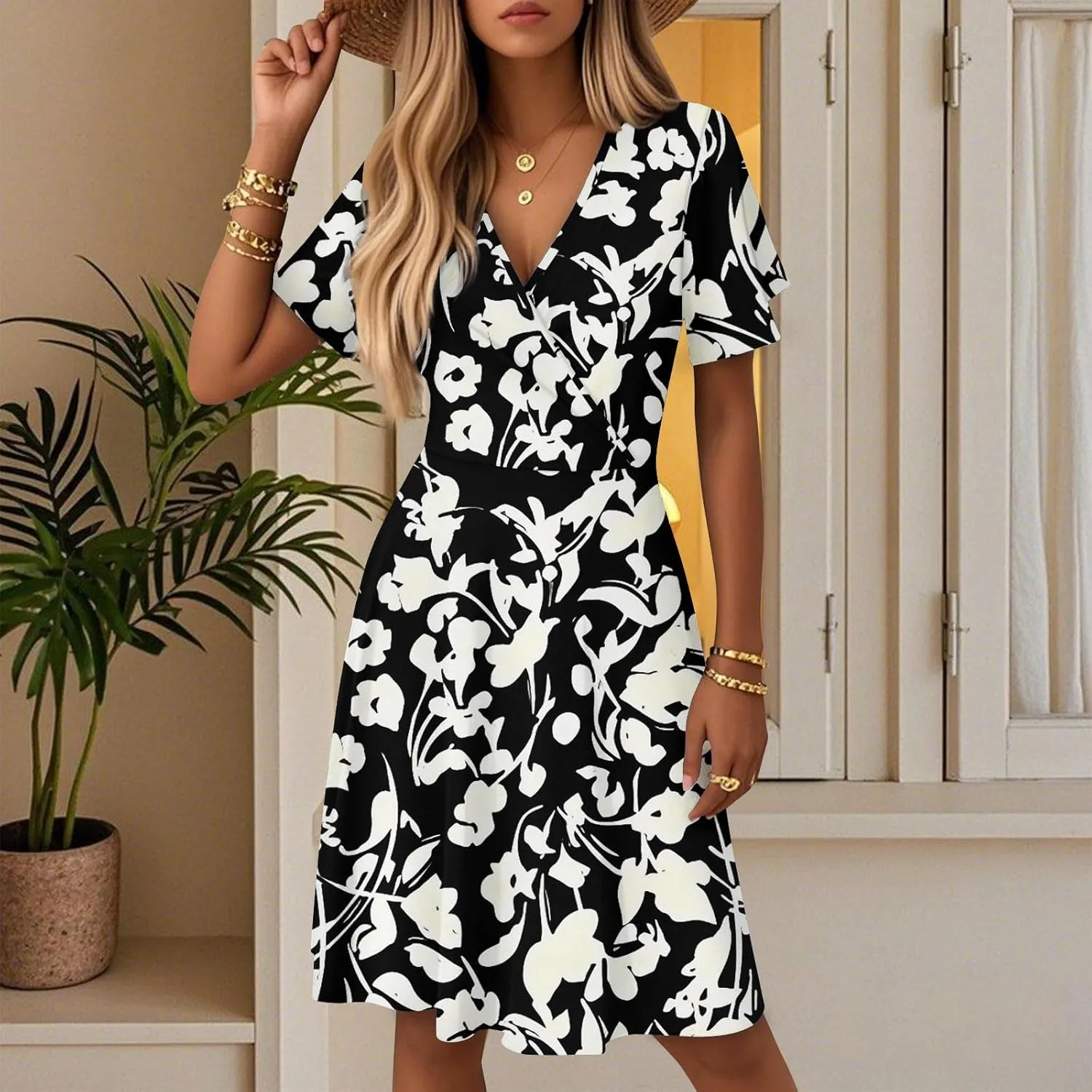 Boho Summer Dress for Women 2025 V Neck Casual Floral Wrap Dresses Short Sleeve A-Line Midi Vacation Beach Sundress