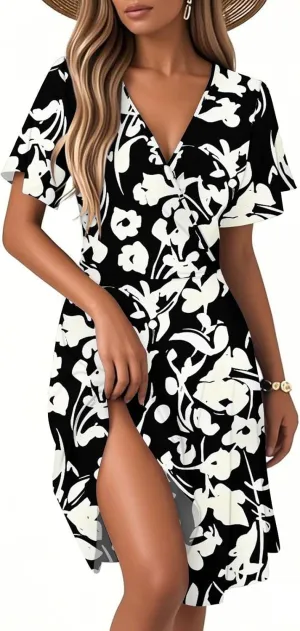 Boho Summer Dress for Women 2025 V Neck Casual Floral Wrap Dresses Short Sleeve A-Line Midi Vacation Beach Sundress
