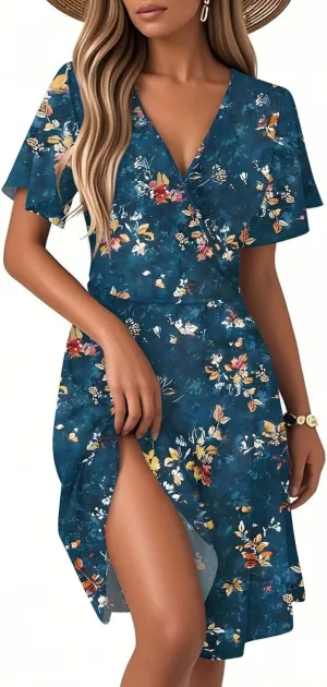 Boho Summer Dress for Women 2025 V Neck Casual Floral Wrap Dresses Short Sleeve A-Line Midi Vacation Beach Sundress
