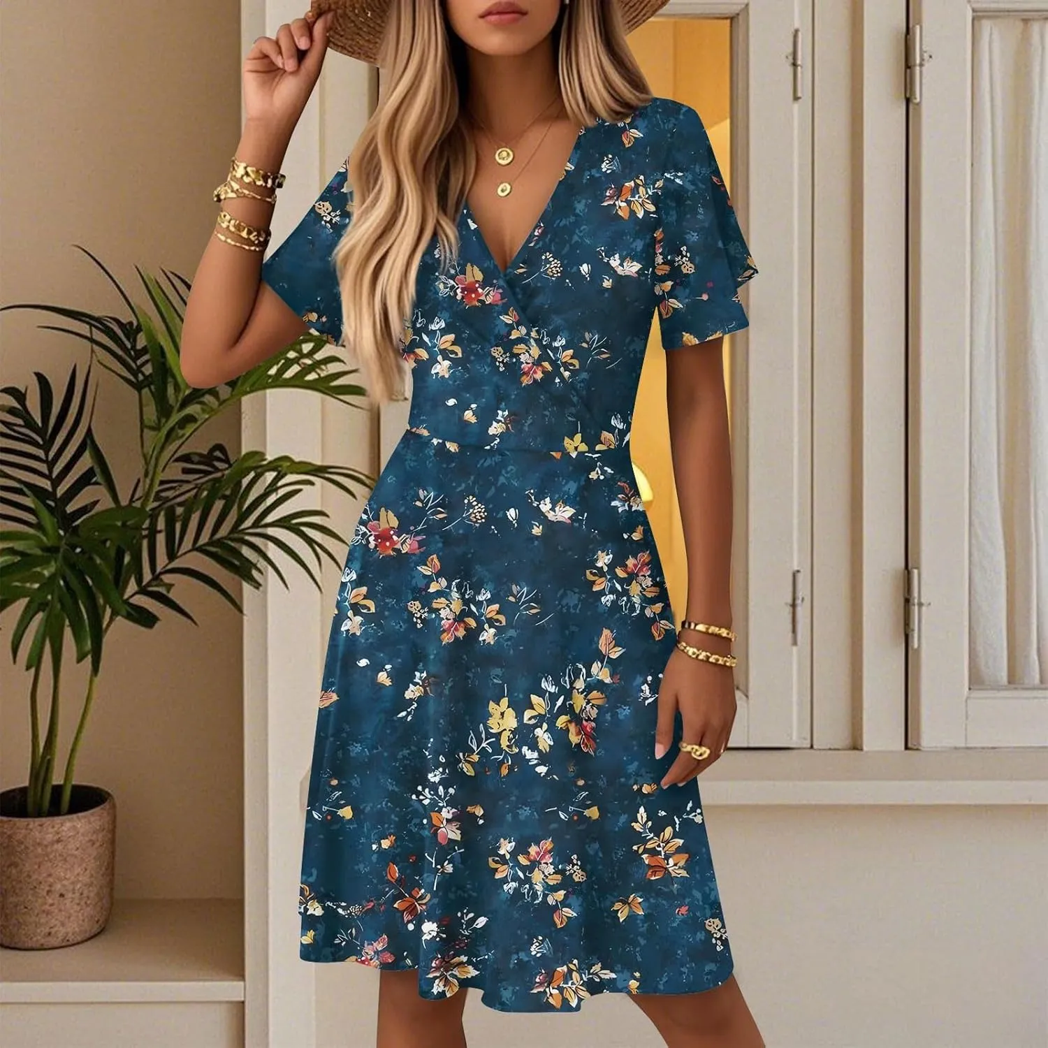 Boho Summer Dress for Women 2025 V Neck Casual Floral Wrap Dresses Short Sleeve A-Line Midi Vacation Beach Sundress