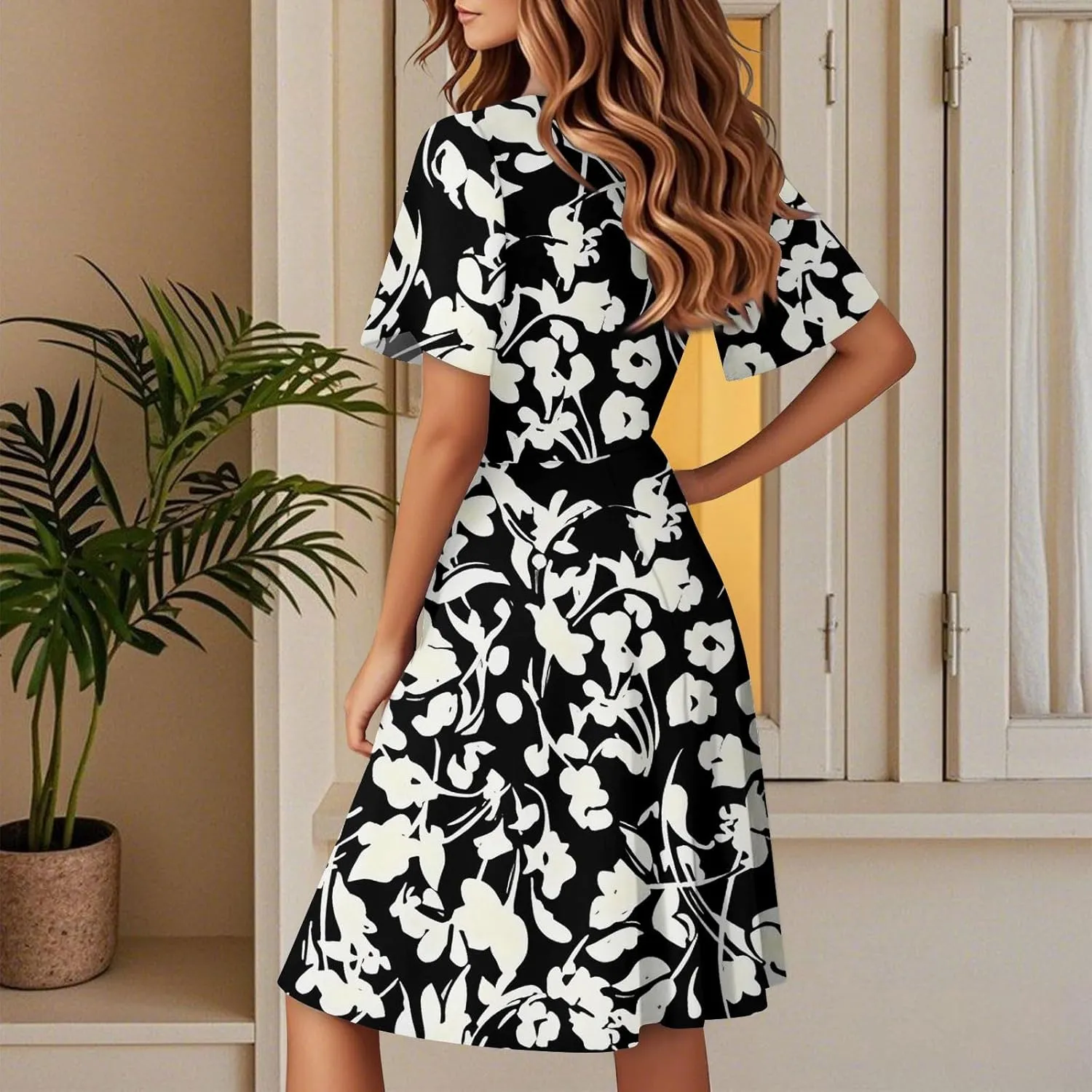 Boho Summer Dress for Women 2025 V Neck Casual Floral Wrap Dresses Short Sleeve A-Line Midi Vacation Beach Sundress