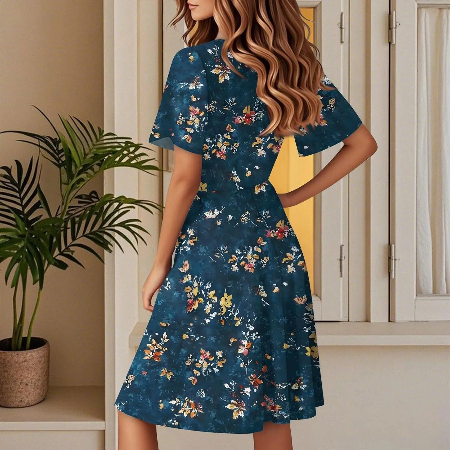 Boho Summer Dress for Women 2025 V Neck Casual Floral Wrap Dresses Short Sleeve A-Line Midi Vacation Beach Sundress