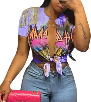 Bornpom Women Sexy Graphic Tees Low Cut V Neck Tops Fringe Short Sleeve Shirts Knot Front Tops