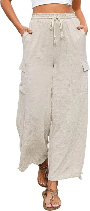 Bsubseach 2025 Wide Leg Pants Women Beach Cropped Palazzo Flowy Trousers Summer Casual Vacation Outfits with Pockets