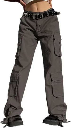 BXCNCKD Gothic Ladies Cargo Pants Street Retro Multi Pocket Cargo Pants Loose Wide Leg Pants Y2K Pants